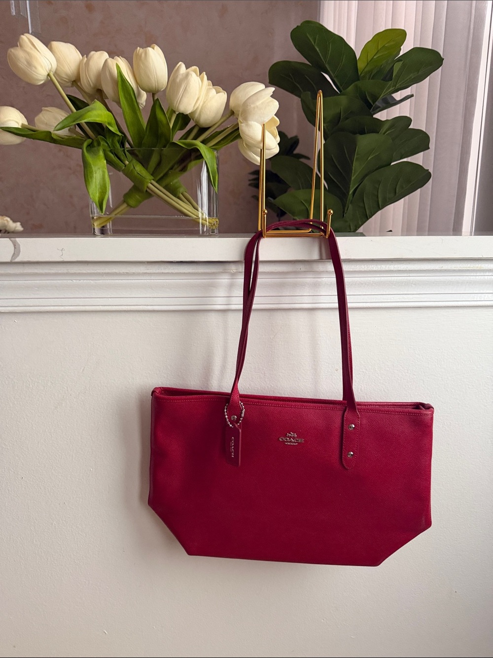Coach Red Leather Tote with Gold Accent